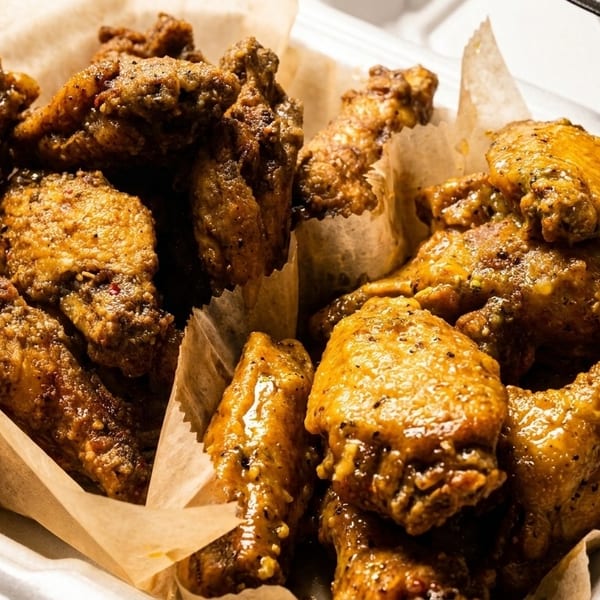Two containers of crispy chicken wings, some glazed and some dry-rubbed, lined with parchment paper.