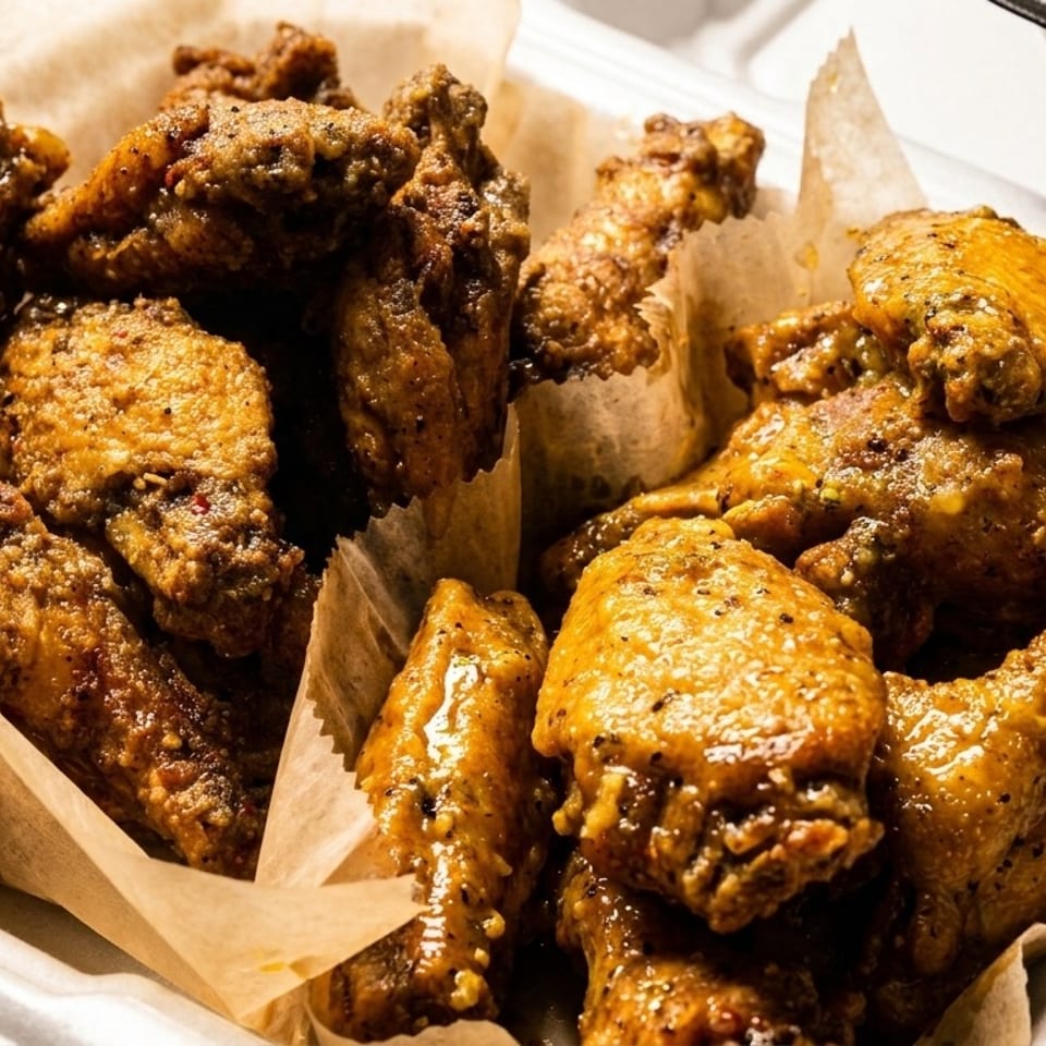 Two containers of crispy chicken wings, some glazed and some dry-rubbed, lined with parchment paper.